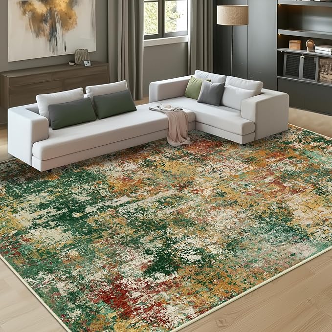 RELEANY Washable 9'x12' Abstract Area Rug for Living Room Green Multi | carpet for bedroom, kitchen, office, hallway and entryway, printed pattern, non-slip, soft, stain-resistant, easy to clean