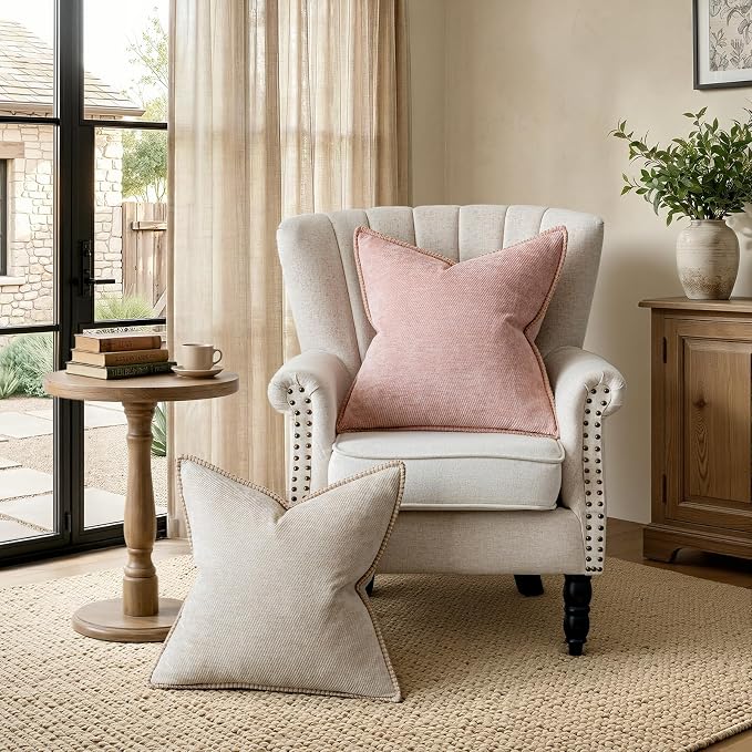 a moment Pack of 2 Decorative Chenille Throw Pillow Covers with Twill Cushion Covers for Sofa Living Room Couch Bed 22x22 Inch,Crafted Border Blush Pink