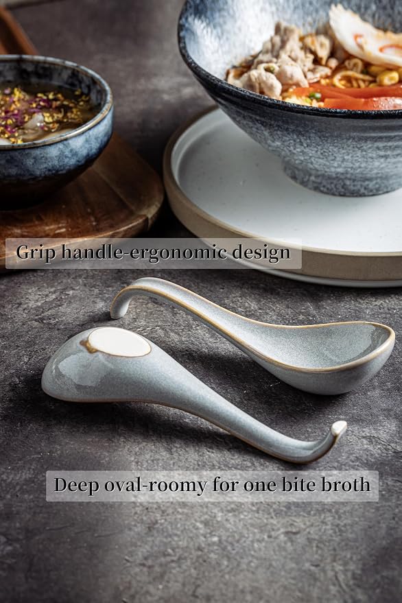 LYEOBOH Ceramic Asian Soup Spoons Set of 6, Ramen Spoons with Long Handle | Japanese Ramen Spoons with Deep Hook Design for Miso Rice, Chinese Soup Spoons for Kitchen, Dishwasher Microwave Safe, Gray