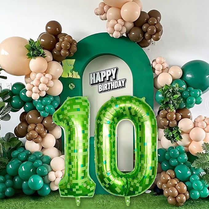 Number 10th Birthday Balloon Lime Green Pixel, 40 Inch Large Dark Kelly Green Number 10 Foil Balloons for Boys 10 Year Old Birthday Video Game Forest Golf Patrick's Day Party Decorations Supplies