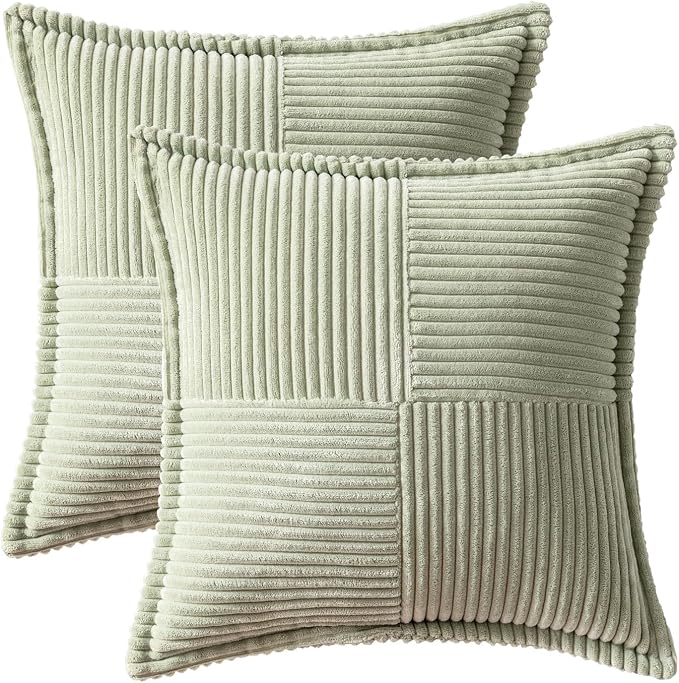 MIULEE Decorative Throw Pillow Covers for Couch 18x18 Inch Light Green | 2 Pack, Boho Broadside Striped Patchwork Pillow Covers, Soft Corduroy Cushion Cases, For Sofa Bed Livingroom Home Decor