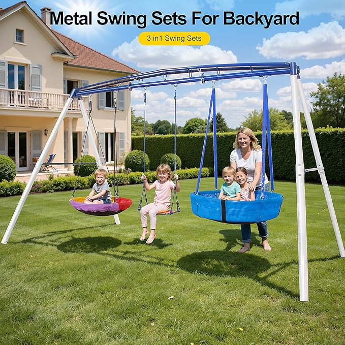 3-in-1 Heavy Duty Metal Swing Set, 800 LBS Capacity, Reinforced A-Frame Outdoor Playset with Locking Toddler Seat & Saucer Swings for Kids & Adults
