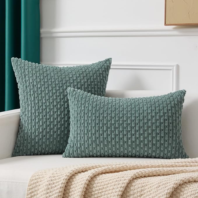 Kevin Textile Soft Corduroy 14"x20" Lumbar Pillow Cover 1 Pack, Teal Green | Boho Stripe Plush Corduroy Decorative Oblong Cushion Cover Modern Farmhouse Home Decor for Sofa Couch Bed Chair