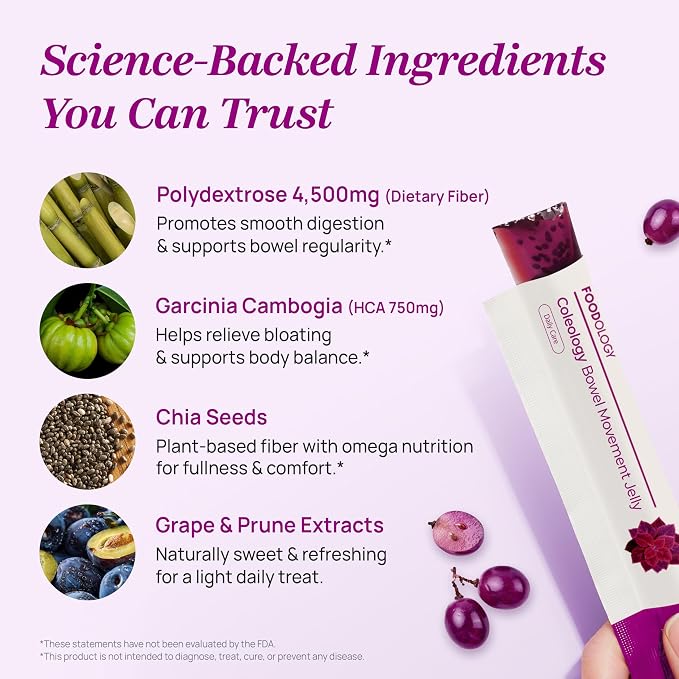 FOODOLOGY Coleology Bowel Movement Jelly, Grape & Prune, 10 Sticks | Prebiotic Fiber Supplement for Gut Health & Immune Support, Constipation & Bloating Relief, Korean Wellness