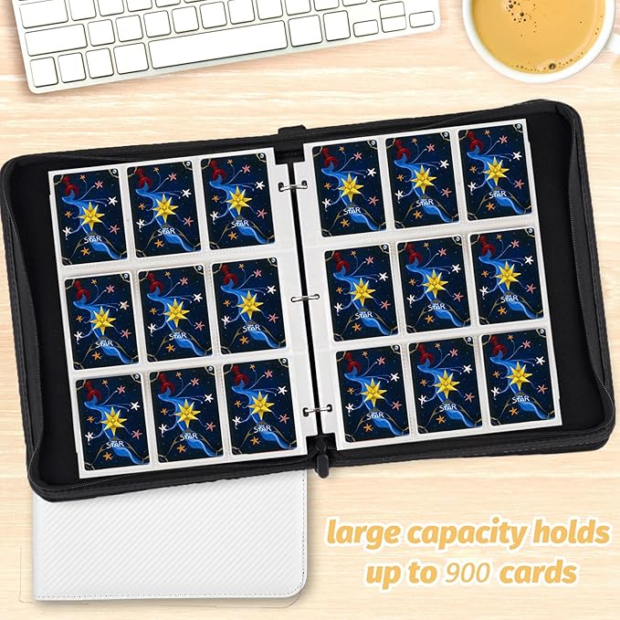 Trading Card Binder, 900 Pockets Card Binder, 9-Poccket Sided Pocket Sports Card Binder, Premium Card Binders Compatible with MTG, TCG, Baseball Cards(Carbon White)