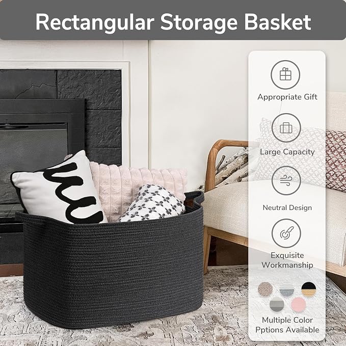 Goodpick 85L Large Woven Rope Blanket Basket, Rectangle, Black | 23.6'' x 15.7'' x 13.8'' Storage Basket for Blankets, Pillows & Toys, Living Room & Bedroom Organization, Reinforced Handles
