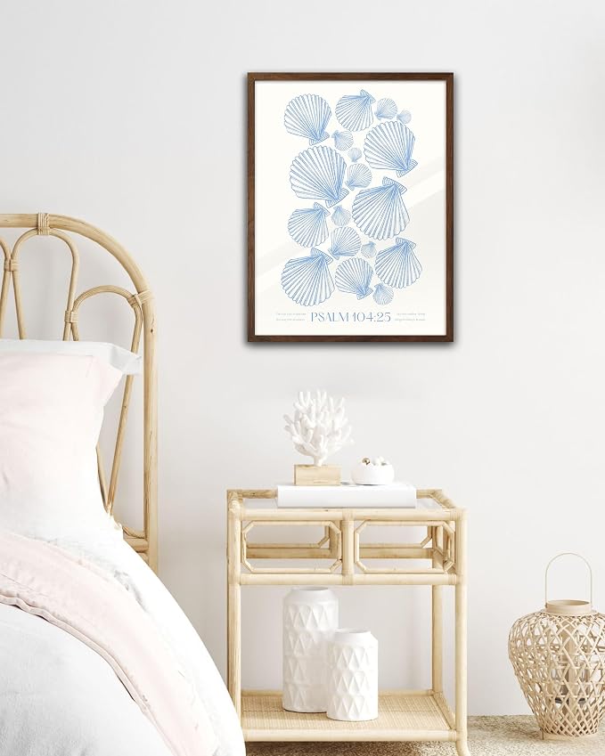 EcoHest 12x16 in Psalm 104:25 Coastal Seashell Framed Christian Wall Art | Walnut Color Solid Oak Frame with Canvas Wall Art, Scripture Bible Verse Decor for Bedroom, Living Room, Office, Church,1Pack