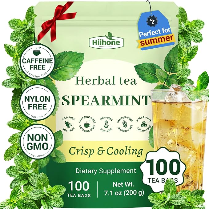 Hiihone Spearmint Tea Bags 100 Count – Pure Spearmint Leaf Herbal Tea, Caffeine-Free, Refreshing Mint Flavor, Supports Digestion & Everyday Wellness, Non-GMO