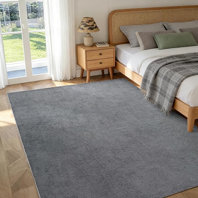 FinRèc 4x6 Washable Area Rugs for Bedroom Living Room, Low Pile Thin Rug Solid Color, Non-Slip Carpet Indoor for Home Decor (Pure Dark Grey)