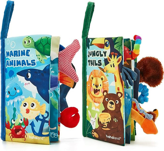 hahaland Baby Toys 0-6 Months - Crinkle Books for Babies 2-Pack, Soft Cloth Sensory Touch Feel Book 6-12 Months Infant Tummy Time Toys 0-3 Month Newborn Boys Valentines Gifts Easter Basket Stuffers