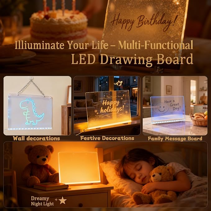 2026 LED Drawing Board for Kids Ages 6+, 2 Pack 13.7"x9.75" Plug-in Light Up Dry Erase Note Boards with Colors, 7 Color Modes Acrylic Glow Board with Stands, Markers, Spray Bottle, Hanging Chains