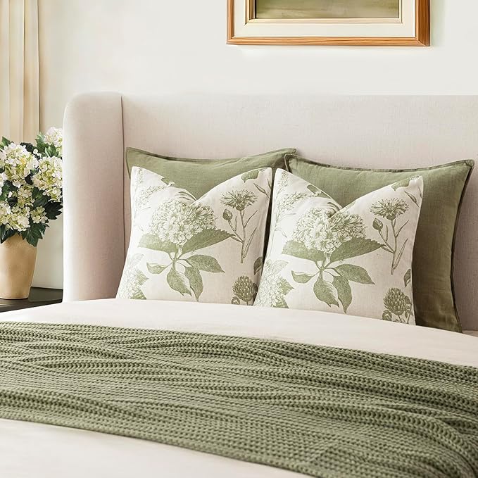Foindtower Set of 2 Linen Floral Throw Pillow Covers Vintage Accent Print Decorative Cozy Cushion Covers Farmhouse Boho Home Decor for Sofa Chair Couch Bedroom Living Room,20×20 Inch,Light Green