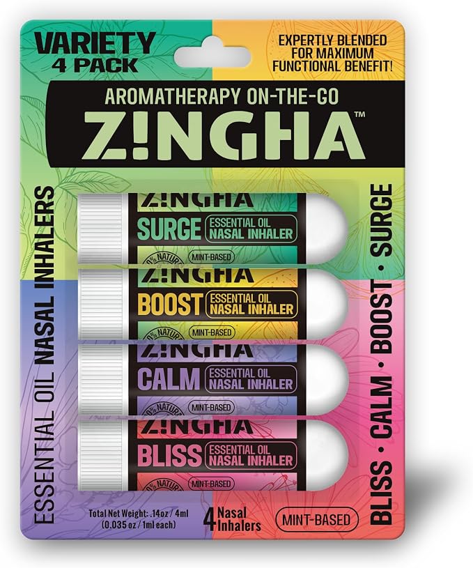 Z!NGHA Natural Aromatherapy Nasal Stick Boost Focus & Enhance Breathing | Portable Sinus Relief & Relaxation Nasal Inhaler Stick | Essential Oil Blend for Stress and Congestion (4PK ESSENTIAL OIL MIX)