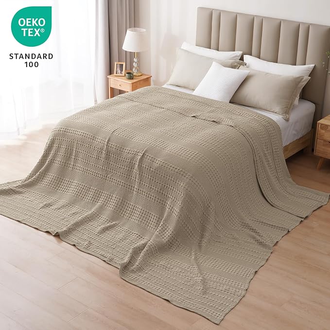 PHF 100% Cotton Waffle Blanket Oversized King 120"x120", Lightweight Breathable Extra Large 10'x10' Blankets for Bed, Giant Big Luxury Aesthetic Woven Bedding for Home Decor, Taupe