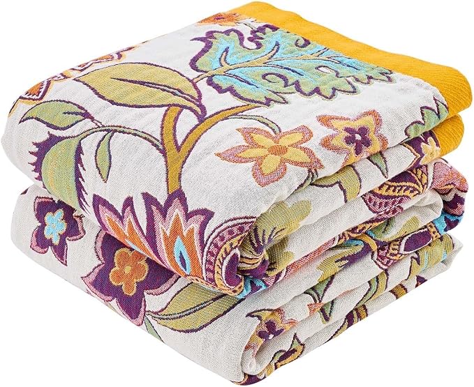XIBLC Boho Throw Blanket for Bed, 100% Cotton Soft Rustic Quilt Fall Blanket, 50"x60" Floral Printed Farmhouse Decor Bed Blankets, All Season Rustic Reversible Bohemian Throw Quilt