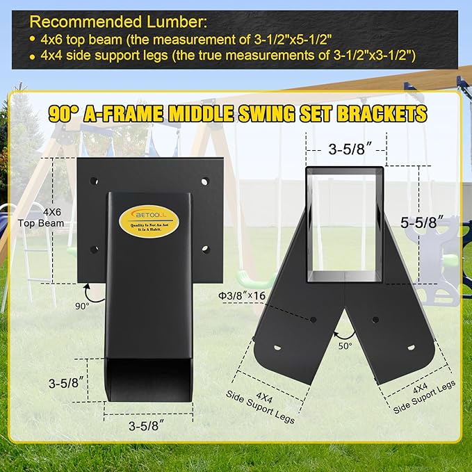 BETOOLL Swing Sets Brackets - 2 A-Frame Swing Set Brackets and 1 Middle Swing Bracket with All Mounting Heavy Duty Hardware Included - Swing Set Kit for Porch, Yard, Playground - Black