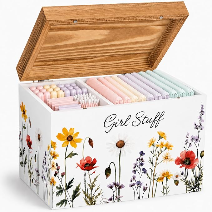 Mifoci Wildflower Tampon Holder for Bathroom, Decorative Feminine Product Organizer with Hinged Lid, Wooden Pad and Tampon Organizer Case Girl Lady Stuff Box for Bathroom Toilet Accessories
