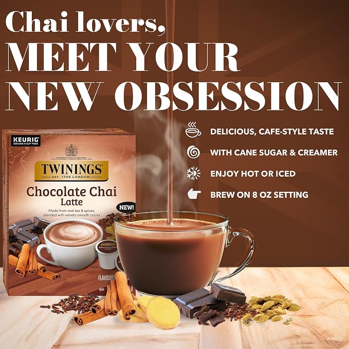 Twinings Chocolate Chai Latte Tea K-Cup Pods for Keurig, 22 Count (Pack of 1), Velvety Smooth Cocoa with Real Spiced Tea, Caffeinated, Enjoy Hot or Iced