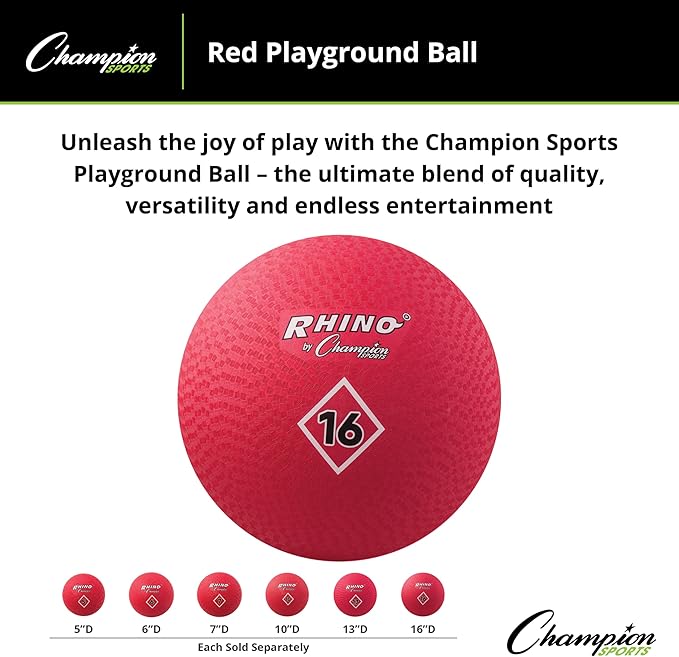 Champion Sports Playground Ball – High-Bounce 2-Ply Construction, Durable Red Ball for Throwing, Catching & Kicking - Multiple Sizes (5", 6", 7", 10", 13", 16")