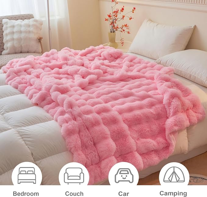 LIFEREVO Luxury Fluffy Faux Rabbit Fur Throw Blanket 50x60, Pink | Plush Shaggy Bubble Blanket for Bed Couch Sofa Office, Decorative Soft Cute Furry Lap Throw for Kids Teens Adults, Washable