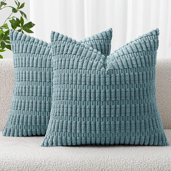 MIULEE Corduroy Decorative Throw Pillow Covers 18x18 Coastal Blue Pack of 2 | Soft Boho Striped Pillow Covers Modern Farmhouse Home Decor For Sofa Living Room Couch Bed