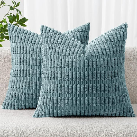 MIULEE Corduroy Decorative Throw Pillow Covers 16x16 Coastal Blue Pack of 2 | Soft Boho Striped Pillow Covers Modern Farmhouse Home Decor For Sofa Living Room Couch Bed