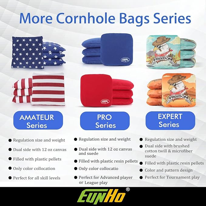 EunHo Regulation Cornhole Bags Set of 8 - Dual Sided Slick and Stick Cornhole Bean Bags for Tossing Game Professional All Weather Pro Corn Hole Bags with Tote Bag