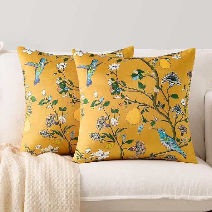 MUSSEL Yellow Velvet Floral Decorative 16x16 Pillow Covers Set of 2 | Soft Durable and Sturdy,Bird Plant,Throw Pillows Case,Square,Colorful Farmhouse Cushion Covers,Home Sofa Bed Couch Decor