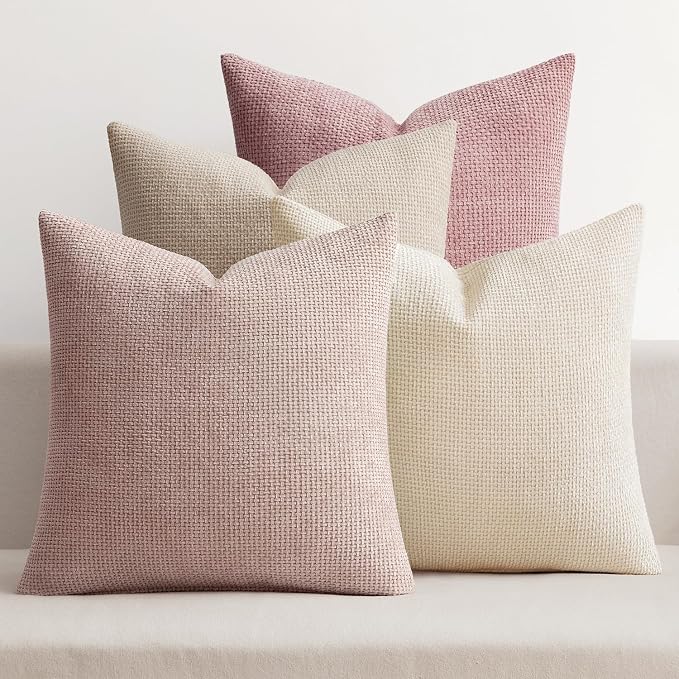 MIULEE Soft Decorative Chenille Pillow Covers Light Pink 18x18 Pack of 4 | Shabby Chic Decor, Romantic Blush Neutral Set, Couch Throw Pillows, Farmhouse Boho Cushion Covers for Sofa Bed Living Room