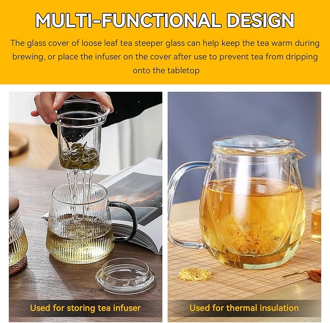 Glass Tea Infuser with Dual-Purpose Lid/Coaster for Teabloom, Glass Tea Strainers for Loose Tea-leaves, Universal Steeper for Teapots, Mug, Bottle, Cup, Travel Tumblersm Microwave & Dishwasher Safe