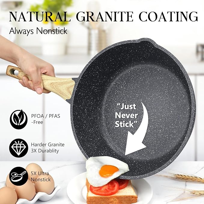 GiPP Nonstick Deep Frying Pan Skillet, 9.5" Saute Pan with Lid, Granite Induction Cookware Non Stick Cooking Pan, PFOA PFOS APEO Free