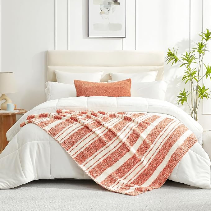 Snuggle Sac Orange Bedding Blanket Ultra Soft Microfiber, Warm Cozy Knit Blankets for Sofa, Bed, Living Room, Stripe Orange, 60x80 inches