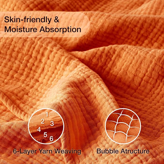 100% Cotton Muslin Blanket California King 120" x 90", 6 Layers Breathable and Lightweight Oversized Blankets for Bed, Soft Cooling Gauze Blanket for Adults All Season, Burnt Orange