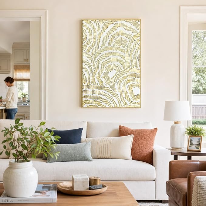 Zessonic Gold Abstract Large 3D Textured Hand Painted Wall Art, 24"x36" | Gold Foil Textured Flower Neutral Wall Decor Framed Modern Luxury Hand Painting Artwork for Home Living Room Bedroom Office