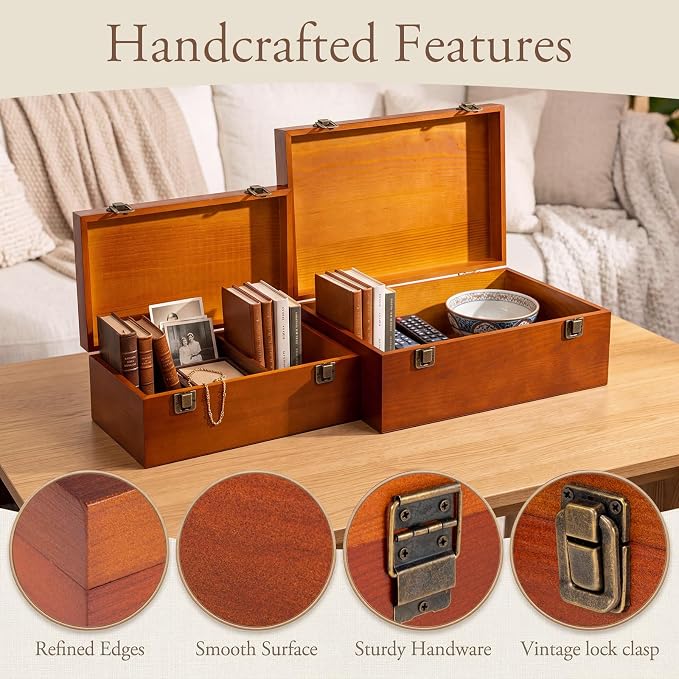 Sliner 2 Pcs Wooden Decorative Storage Boxes with Lids Vintage Wood Organizer Bins for Your Bookshelf Home Decor Safely Store Photos Documents Memory Jewelry Craft Storage (Warm Brown,S M Size)