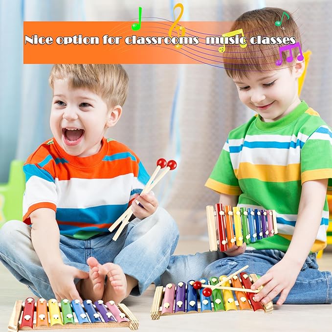 8 Sets Wood Xylophone for Kids Musical Toy Instrument with 16 Pcs Mallets Wooden Percussion Kit for Preschool Toddlers Educational Music Learning