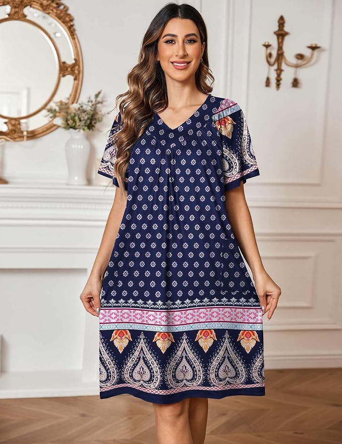 Ekouaer Womens House Dress Floral Print Nightgown with Pockets Mumu Dress