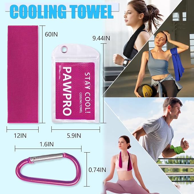 PAWPRO 4 Packs Cooling Towels for Neck and Face, Soft Breathable Gym Towels with Waterproof Bag & Carabiner, Multi-Colored Sweat Towels for Gym, Running, Yoga (Royal Blue/Green/Pink/Black)