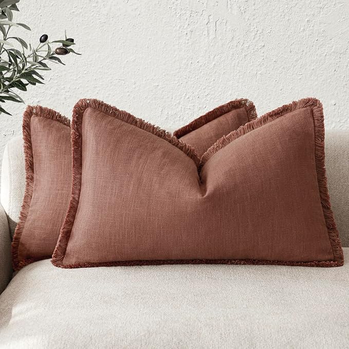 Foindtower Set of 2 Decorative Linen Fringe Lumbar Throw Pillow Covers Boho Farmhouse Cushion Cover with Tassels Soft Accent Pillowcase for Couch Sofa Bed Living Room Home Decor,12×24 Inch,Rust Red