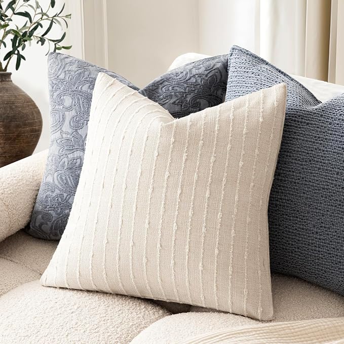 Foindtower Pack of 2 Decorative Jacquard Boucle Throw Pillow Covers Accent Textured Striped Pillowcases Soft Boho Modern Cushion for Couch Sofa Bedroom Living Room Home Decor 20x20 Inch Cream White