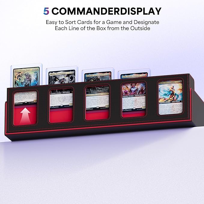 UAONO Trading Card Storage Box with Commander Display;3900+ Card Box for MTG, Removable Cover; 5 Row Case fits MTG TCG Sports Cards 48 Dividers,5 Stoppers,5 Top Loaders,1 Dice Box(Black, Red)