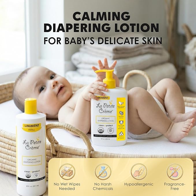 La Petite Creme French Premium Liniment Baby Lotion - Diaper Cream Alternative to Wet Wipes - Gentle Moisturizer & Skin Cleanser, USDA Certified Organic Ingredients - Newborn Essentials (8 oz)