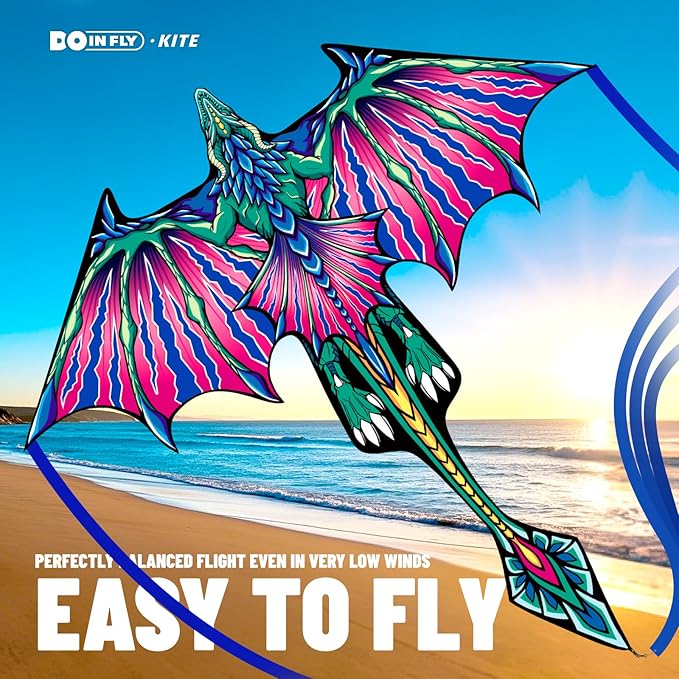 Kite- Classical Dragon Kite ，Pink Wings Dragon Kites for Kids and Adults,Easy to Fly for Beginner Easter 57.1inch x 63inch Single Line with Tail (Pink Pterosaur, 1)