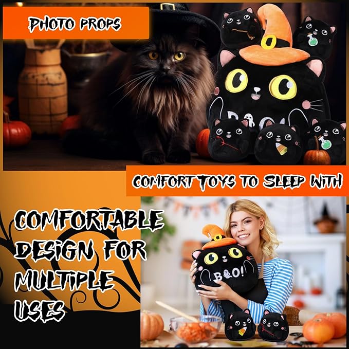 Syhood 5 Pcs Halloween Stuffed Animal Cute Black Cat Plush with 4 Babies Inside Halloween Plush Toy with Witch Hat Boo Black Cat Pillow for Party Favors Supplies Gifts Home Decor