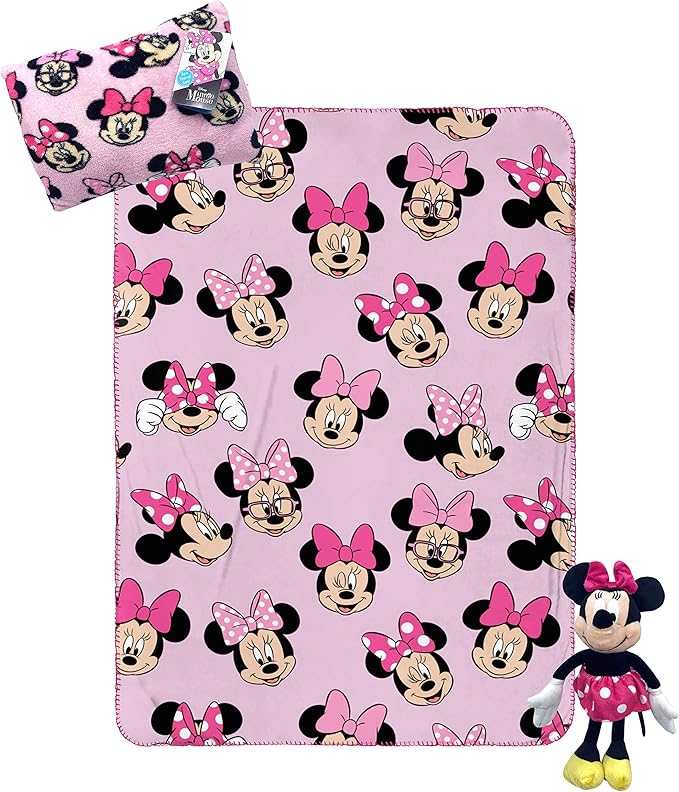 Jay Franco Disney Minnie Mouse Travel Set - 3 Piece Kids Travel Set Includes Blanket, Pillow, & Plush