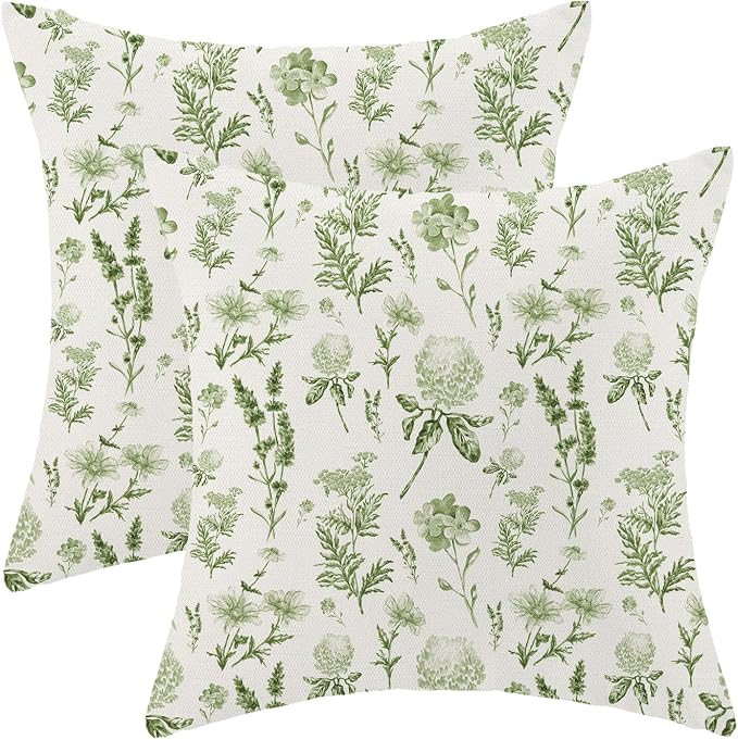 AEIOAE Sage Green Spring Pillow Covers 18x18 Inch Set of 2, Wild Flower Leaves Plant Throw Pillows Case,Seasonal Floral Outdoor Decorative Farmhouse Decor Cushion Covers for Home Sofa Bed Couch