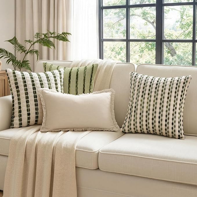 ANRODUO Boho Chenille Decorative Pillow Covers 18x18 Set of 2 Green White | Textured Tufted Stripes Woven Cushion Case, Farmhouse Accent Neutral Pillowcase for Couch Sofa Bed Living, Room Decor