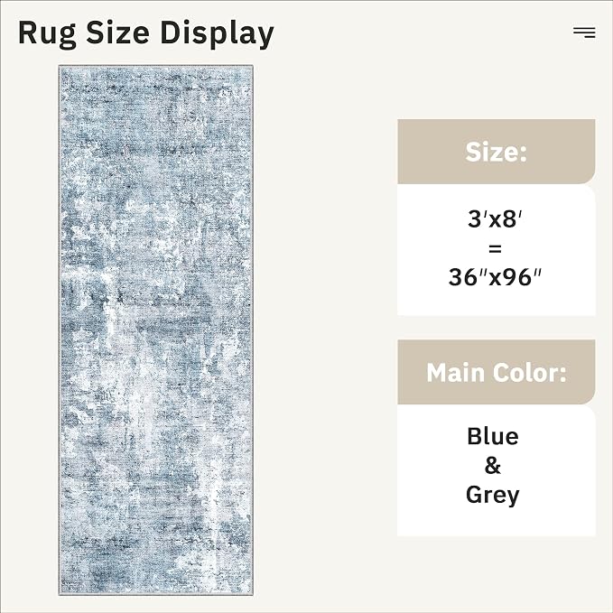 Soalmost Abstract Runner Rug 3x8 Hallway Kitchen Rugs Non-Slip, Blue/Grey | Vintage Washable Runners 8ft for Bathroom Laundry Room, Foldable Low-Pile Floor Carpet Mat for Entryway Corridor Bedroom