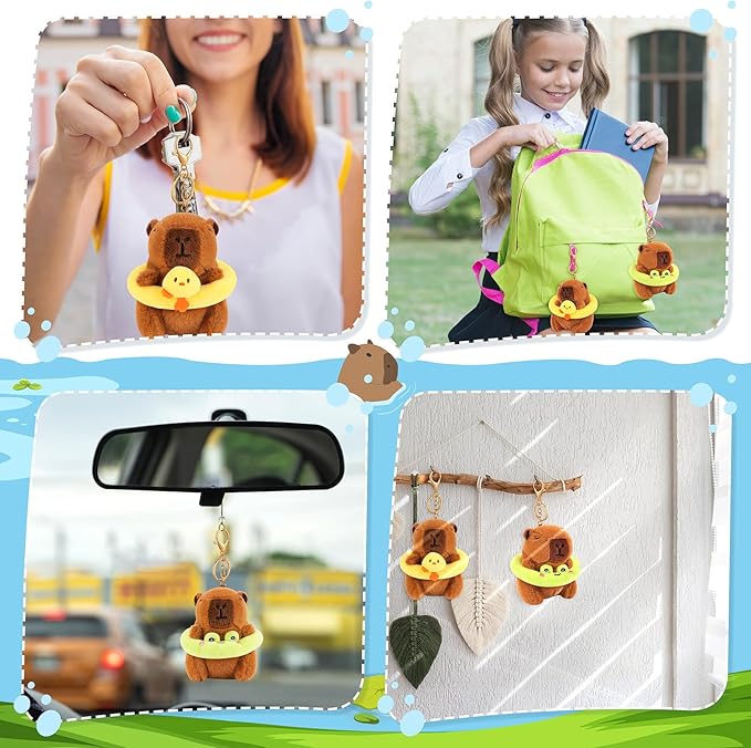 Achwishap 2PCS Capybara Plush Keychain,Cute Keychain Capybara Stuffed Animal,Soft Capybara Plush Toys Key Chain,Kawaii Plushies Stuffed Toys for Kids Adults(Frog Swimming Circle,Duck Swimming Circle)
