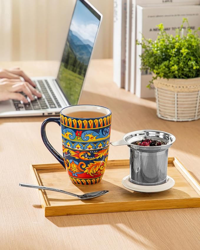 vancasso Ceramic Tea Cup with Infuser and Lid, 18 Ounce Tea Infuser Mug for Loose Leaf Tea, Microwave & Dishwasher Safe, Bohemian Mandala, Gift for Tea Lovers, Midnight Peacock